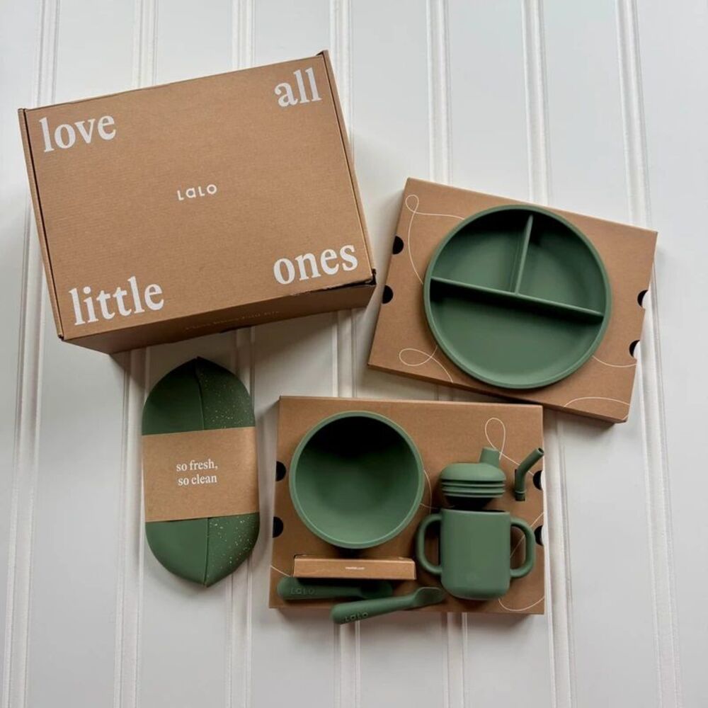 Lalo First Bites Silicone Baby Full Feeding Set Kit | Retired Sage Speckled Bib